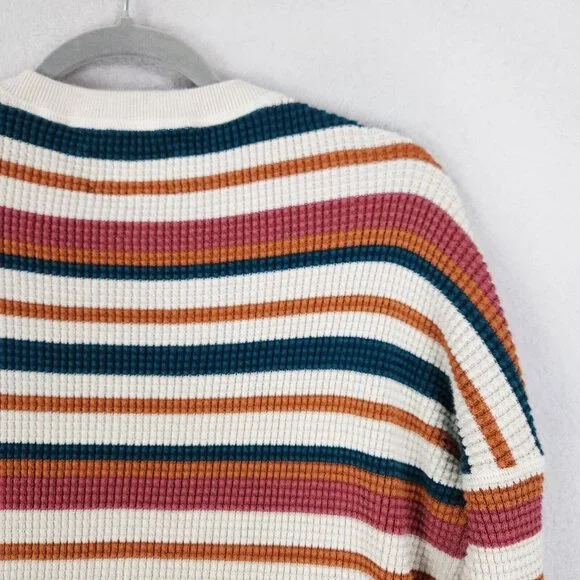 REI Sweater Women Large White Blue Striped Waffle Knit Pullover Cotton Crew Neck - Picture 12 of 12